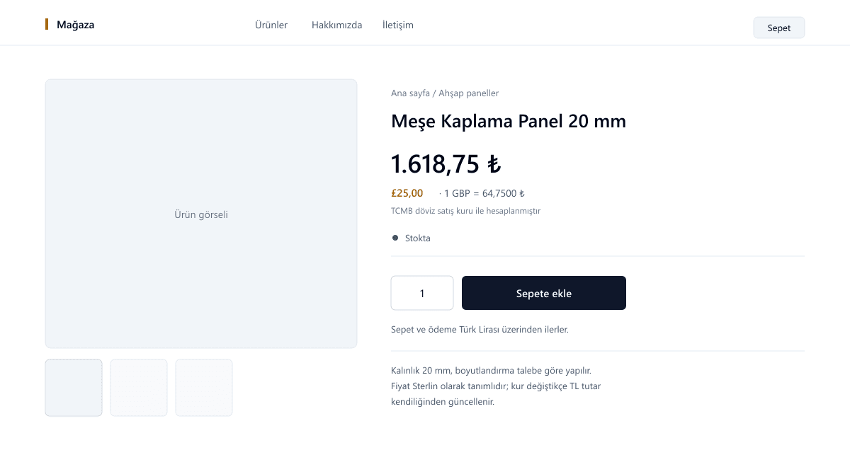 WooCommerce ürün sayfasında fiyat: büyük punto ile Türk Lirası tutar, altında Sterlin karşılığı ve hesaplamada kullanılan TCMB döviz satış kuru bilgisi.